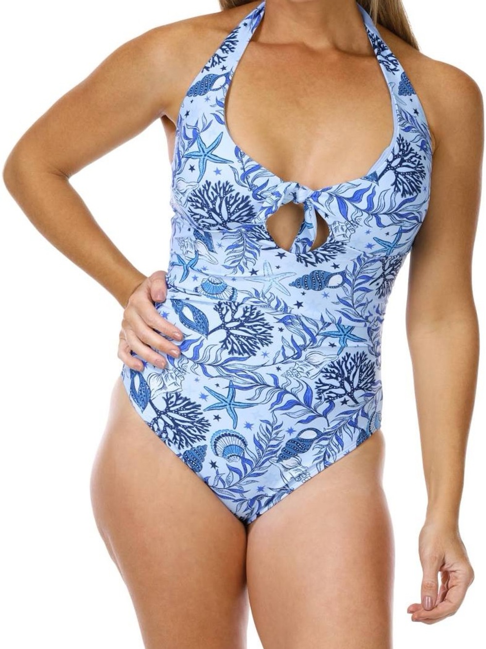 NWT Stella Parker One Piece Halter Swim Suit Tummy Toner Size M Coastal